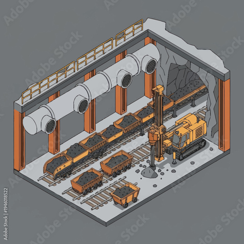 Mining operation with heavy machinery and coal carts.