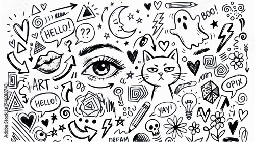 Black and White Doodle Art with Halloween Symbols and Emojis