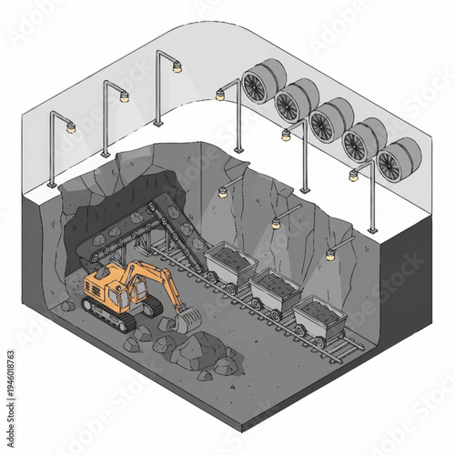 Excavator loading ore into mine carts in underground mine.