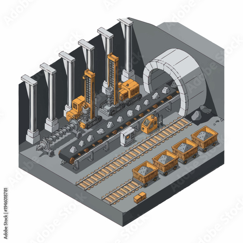 Mining operation with conveyor belts and mining carts.