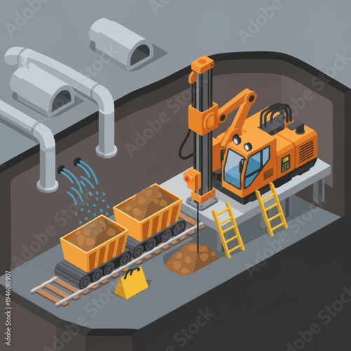 Mining drilling machine with ore carts in underground tunnel.