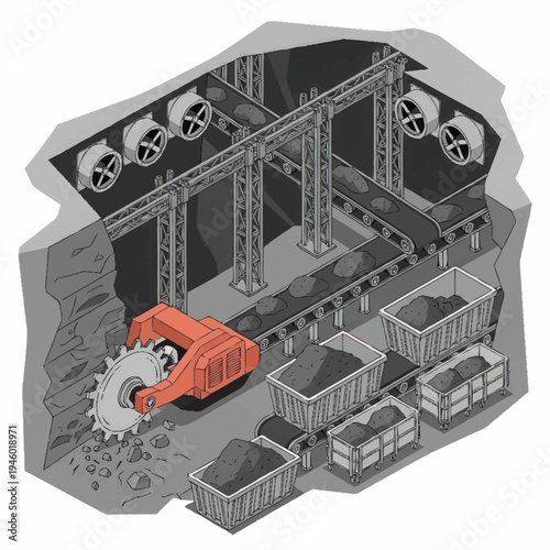 Mining machine excavating coal with conveyor belt system.
