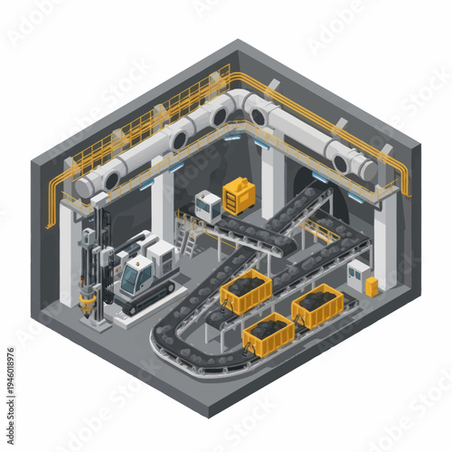 Automated Industrial Mining Conveyor System with Mining Cart.