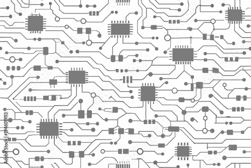Seamless Motherboard Technology Circuit Board Pattern on White Background. Simple Flat Vector Illustration of Electronic Components, Microchips, and Integrated Circuits for High-Tech Designs.