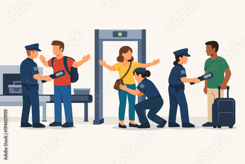 Security Checkpoint with Officers Inspecting Male and Female Passengers Using Hand-held Metal Detectors at an Airport Terminal. People Walking Through Scanner Gate and Baggage on a Conveyor Belt.