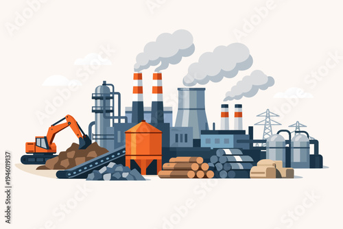 Industrial Factory Complex Producing Raw Materials with Smoke from Chimneys and Cooling Towers, Flat Vector Illustration of Manufacturing Plant with Excavator, Logs, and Energy Infrastructure.