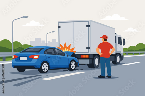 Rear-end collision on a highway where a blue sedan car crashed into the back of a white delivery truck with a driver standing by, illustrating road safety, traffic accidents, and insurance claim.
