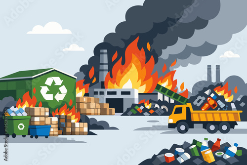 Flat vector illustration of a recycling plant on fire with thick black smoke, burning waste piles, a yellow garbage truck, and a green recycling center building; an industrial disaster scene.
