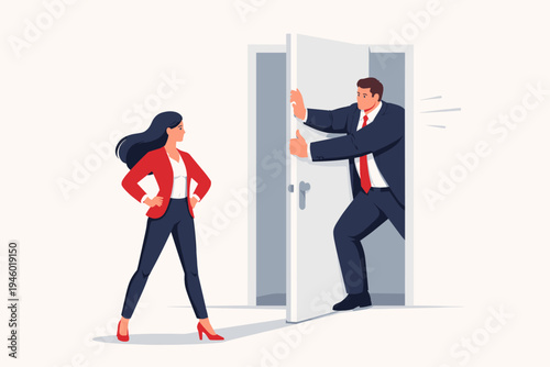 Brave businesswoman standing confidently in front of a door being pushed shut by a large businessman, representing gender inequality, glass ceiling, career barriers and female empowerment