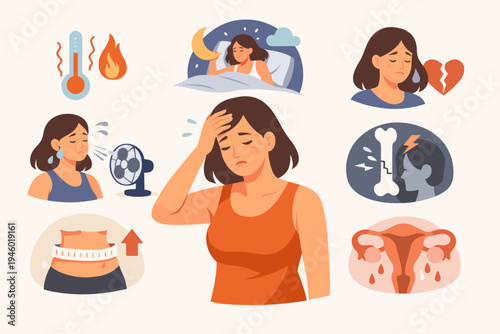 Flat Vector Illustration of a Woman Experiencing Common Menopause Symptoms Including Hot Flashes, Insomnia, Mood Swings, Weight Gain, Night Sweats, Osteoporosis, and Irregular Menstrual Cycles.