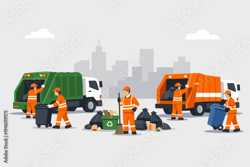 Garbage truck workers collecting waste and recycling in a city street. Sanitation crew in orange uniforms loading trash bags and bins into green and orange garbage trucks. Flat vector illustration.