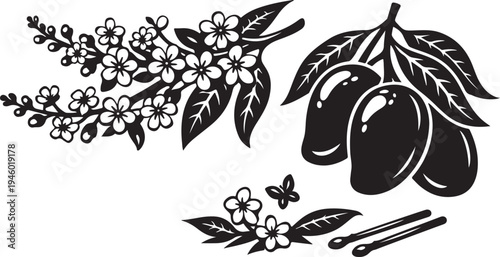 A seamless floral pattern design featuring a green olive branch vector illustration with leaves and black silhouette elements for a nature-inspired summer tattoo ornament