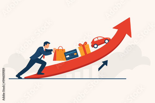 Businessman pushing a rising red arrow with consumer icons like a car, gift, credit card, and shopping bag, representing economic growth, inflation, consumerism, and increasing market demand.