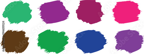 Dense textured paint strokes and rectangular ink blocks in purple green blue and magenta