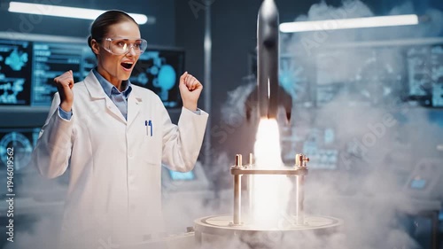 A female researcher experiments with launching a model rocket.
