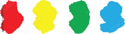 Four vertical colorful paint splats and organic brush shapes in red yellow green and blue