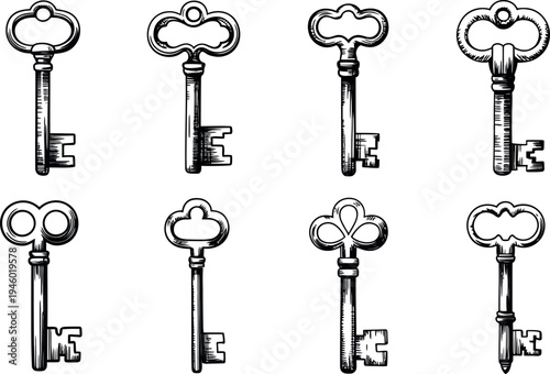 An assortment of vintage skeleton keys is displayed in fine, illustrated detail. Each antique key features an intricately designed bow and a unique metal bit. 