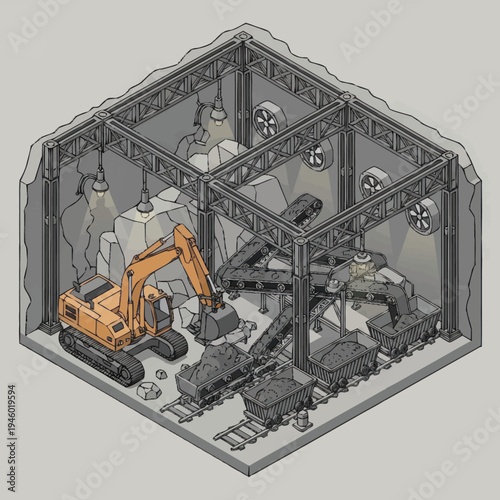 Isometric view of an underground mining operation with heavy machinery.