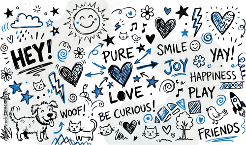 Colorful Doodle Illustration of Happy Animals and Words