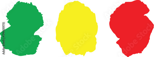 Three large vertical ink blots in green yellow and red colors with textured rough borders