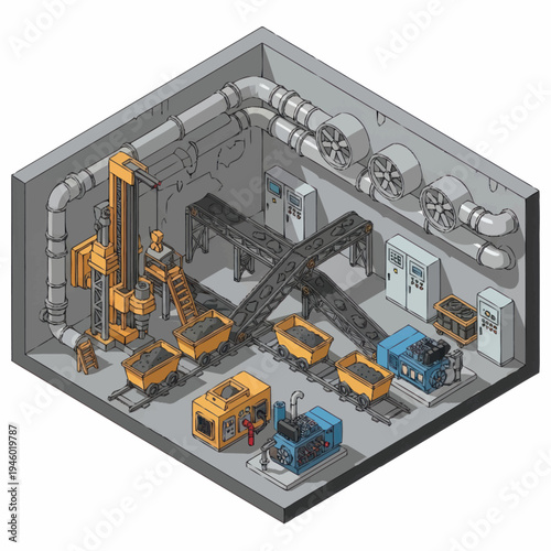 Industrial Mining Facility with Automated Machinery and Transport Systems.