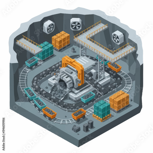 Isometric Mining Operation with Excavator and Trains.