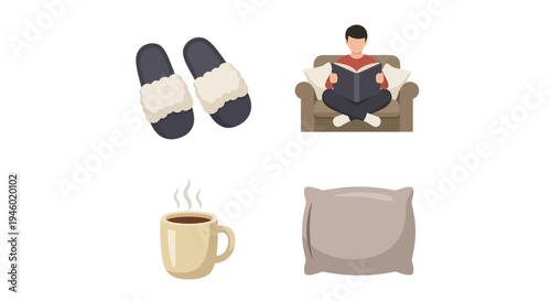 Cozy Home Relaxation with Person Reading on Sofa, Warm Drink, Slippers, and Pillow on Isolated White Background