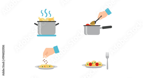 Steps for Cooking Pasta, Including Boiling in Pot, Stirring Sauce, Serving, and Adding Seasoning, isolated white background.