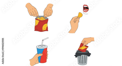 Hands Performing Everyday Snacking Activities: Eating Chips, Drinking Beverages, and Disposing of Trash, isolated white background.