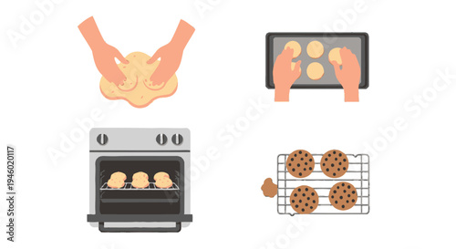 Cookie Baking Process Vector Icons with Kneading Dough, Shaping, Oven Baking, and Cooling on a Rack, isolated white background.