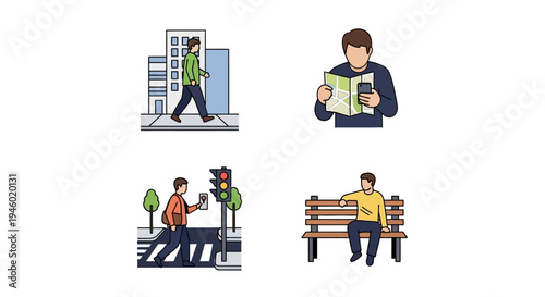 Daily Urban Life Vector Set Featuring People Walking, Reading Newspaper, and Relaxing on a Park Bench, in bright studio.