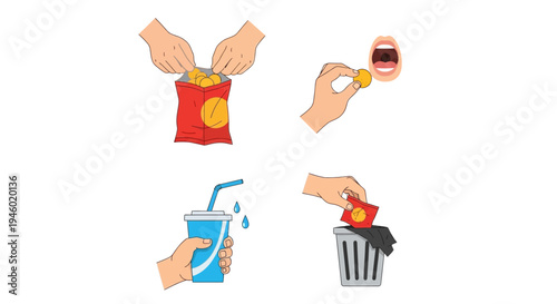 Hands Consuming Snacks and Beverages, with Actions Including Eating Chips, Drinking from a Cup, and Disposing of Trash, isolated white background.