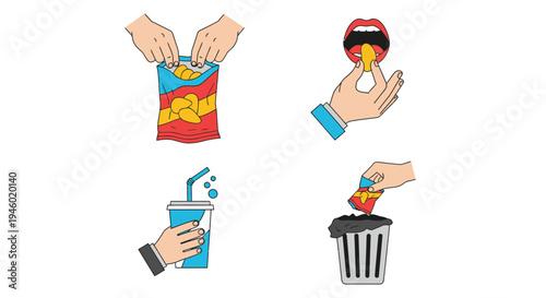 Hands Engaging in Snacking and Drinking Activities with Chips, Beverage, and Trash Disposal, isolated white background.