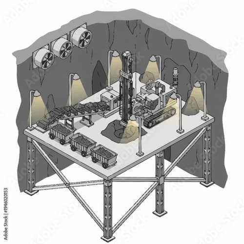 Underground Mining Operation with Drilling Rig and Carts.