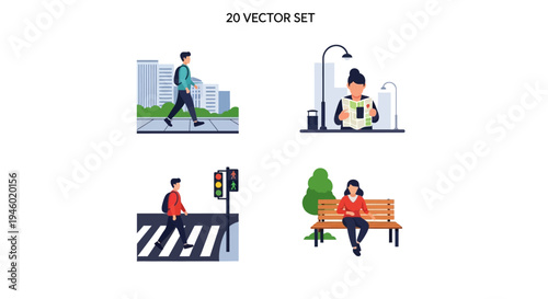 People Engaging in Daily Urban Activities Vector Set with Walking, Crossing Street, Reading, and Relaxing in a Park, in bright studio.
