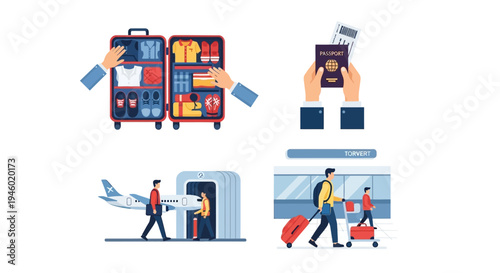 Set of travel icons illustrating an open luggage being packed, hands holding a passport, a person boarding an airplane, and a traveler with a suitcase at the airport.
