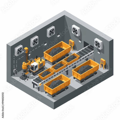 Industrial mining equipment processing raw materials in a facility.