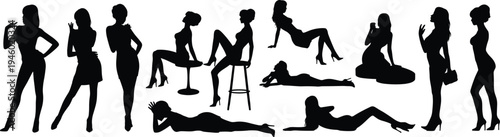 Silhouette human figures collection, standing, sitting, kneeling, lying poses, black vector illustration for design, fashion, art, education use