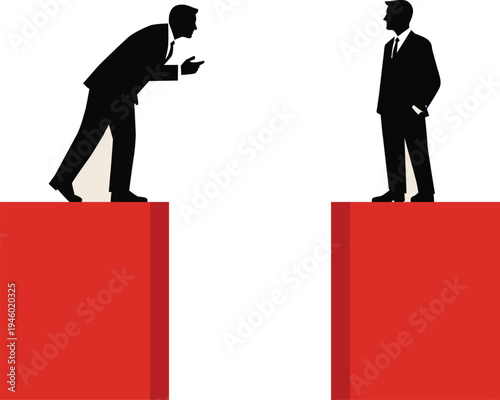 Two businessmen in suits stand on blocks one appears to be scolding the other