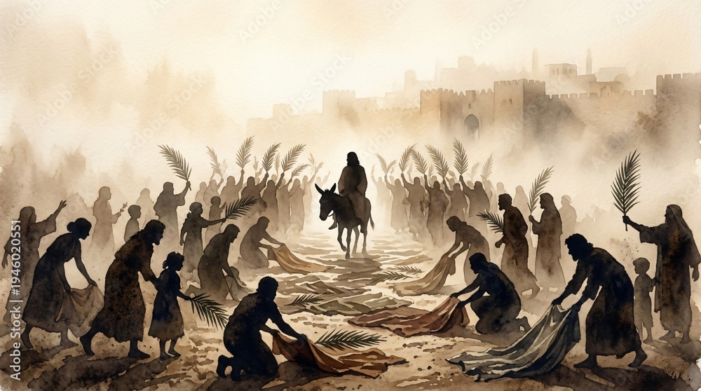 Naklejka premium Triumphal Entry of Jesus into Jerusalem Biblical Scene Palm Sunday Holy Week Christianity Art