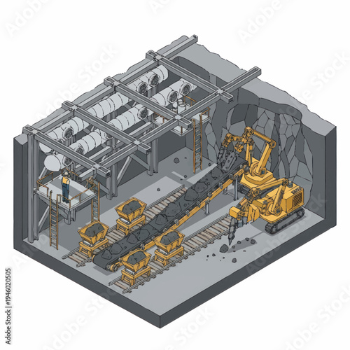 Mining conveyor belt system with excavator and ore processing machinery.