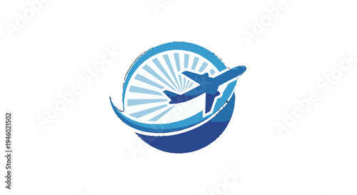 Global Airplane Travel Logo with Stylized Sun Rays and Circular Waves on Isolated White Background