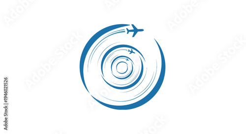 Abstract Airplane Logo Flying Towards a Target with Concentric Blue Circles on Isolated White Background