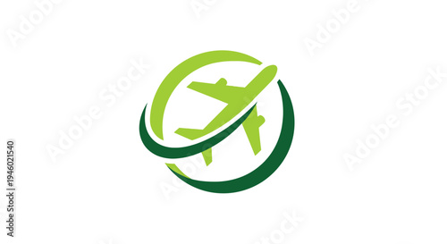 Eco-Friendly Airplane Logo Flying in a Green Circle Path on Isolated White Background