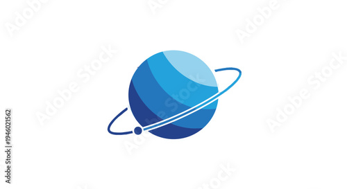 Stylized blue planet with an orbiting ring and a small satellite, representing global connection or technology.