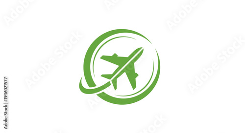 Green airplane icon with a circular swoosh, symbolizing global travel, aviation, and eco-friendly journeys.