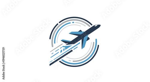 Stylized blue airplane taking off with motion lines and a circular design, representing travel, aviation, or fast delivery services.