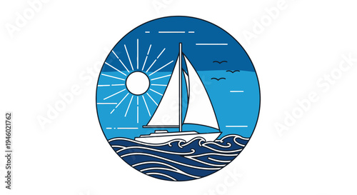 A circular illustration depicting a sailboat on a wavy blue sea under a bright sun with birds flying, in a minimalist line art style.