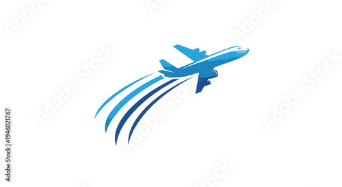 Stylized blue airplane taking off with speed trails, representing travel, flight, and aviation services.