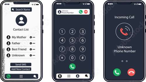 Smartphone Call Interface UI Mockup Set, Modern Mobile Phone Calling Screen Vector Template